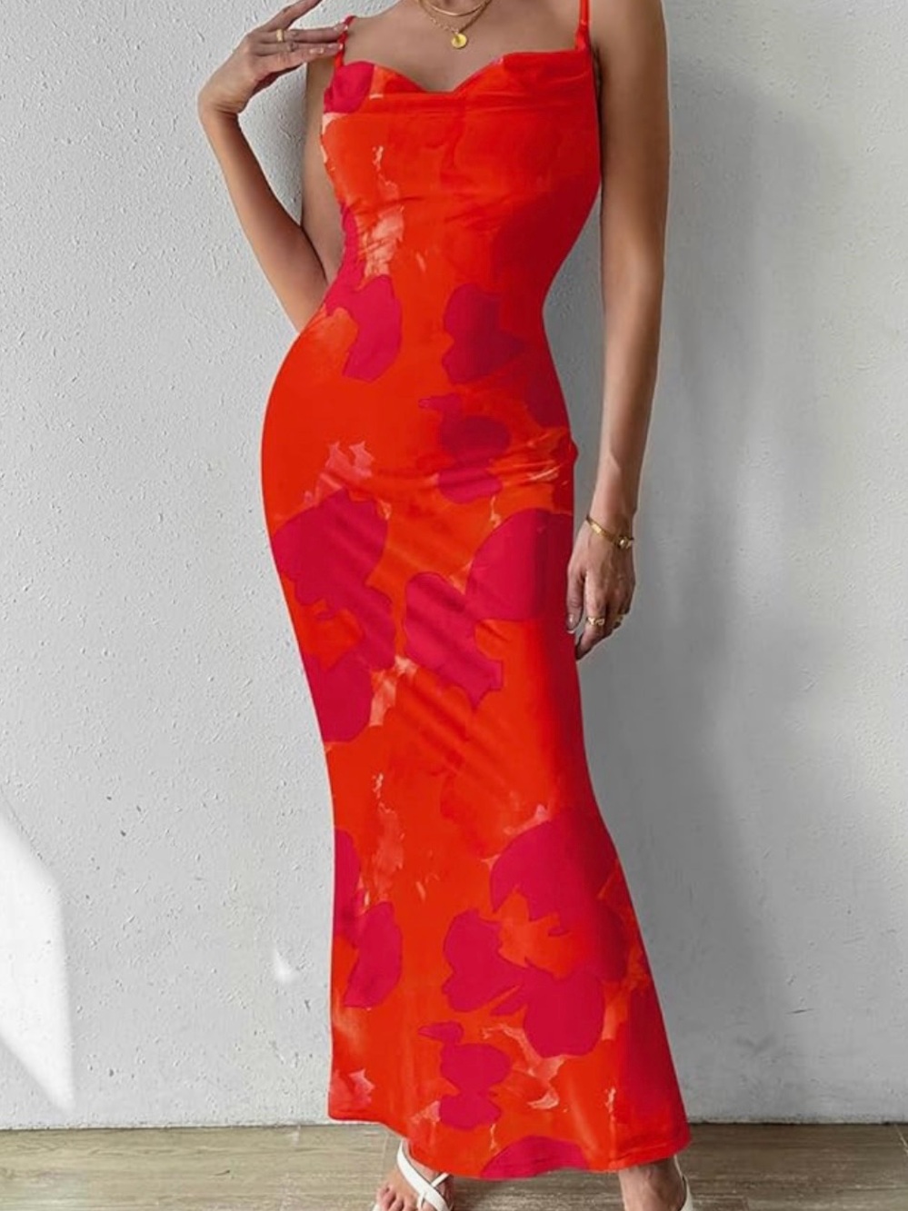 Red Midi Slip Dress with Cowl Neck
